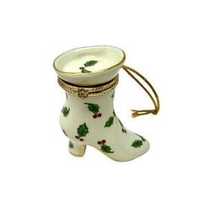 Porcelain Victorian Shoe Christmas Ornament & Trinket Box with‎ Holly & Berries